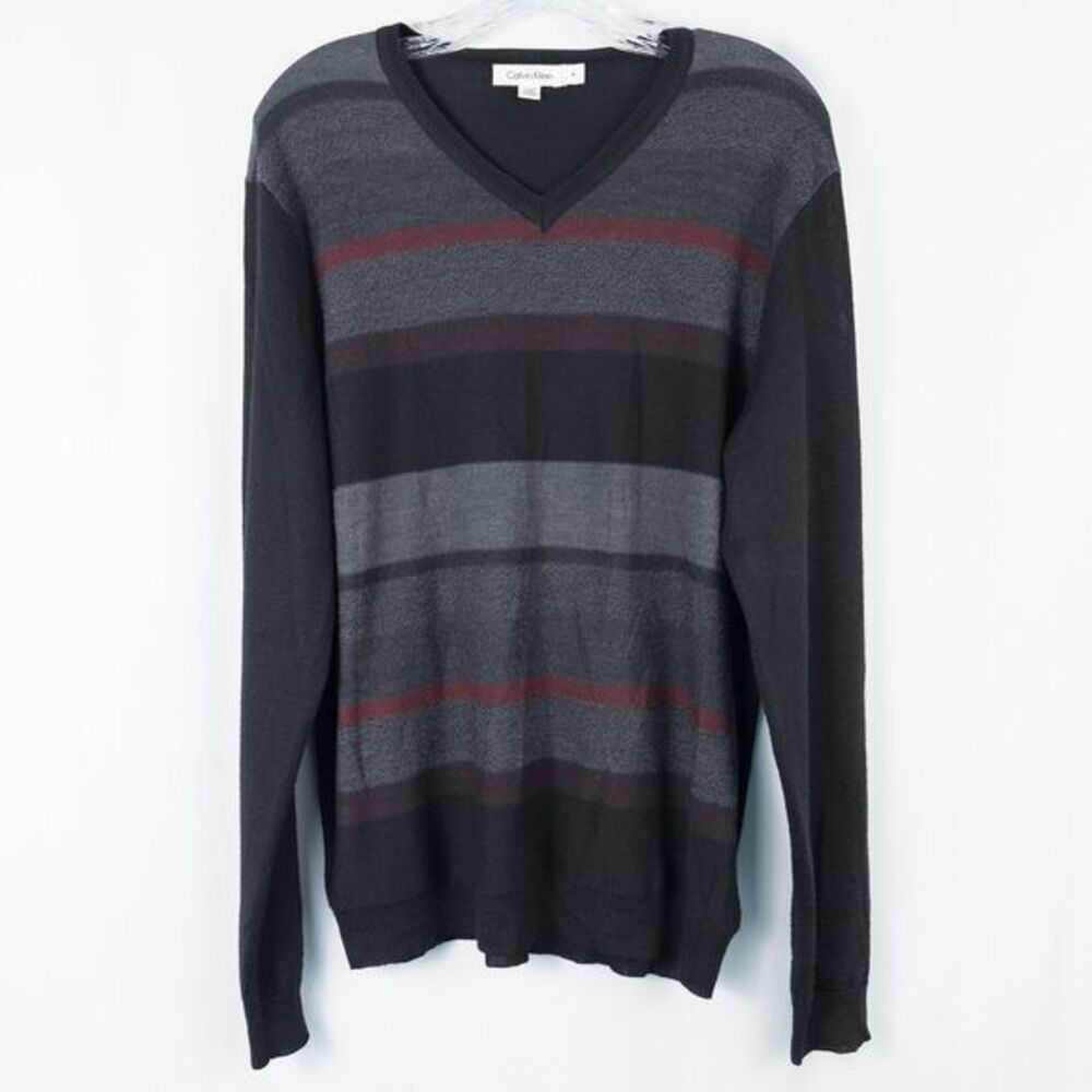 Calvin Klein Merino Wool Blend Striped VNeck Sweater Mens Medium Preppy Academia